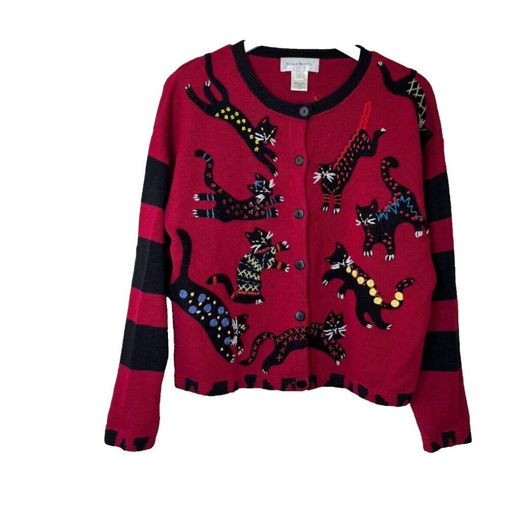 Vintage Susan Bristol Cats Knit Sweater Cardigan Red Black Grannycore Large
